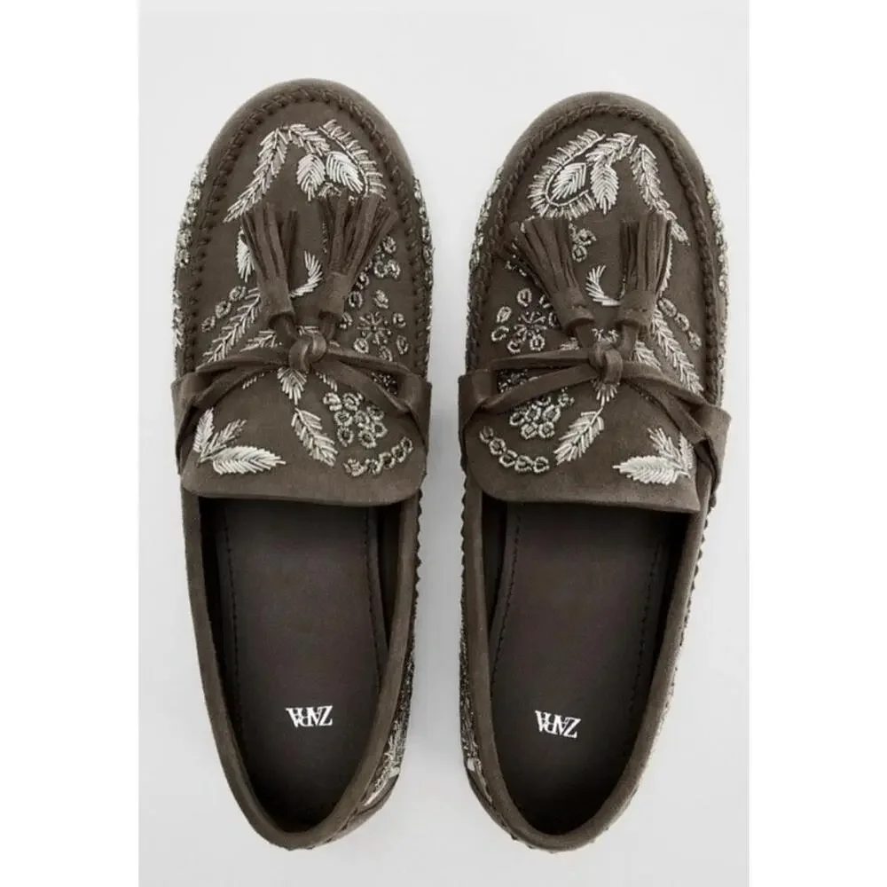 Zara Embroidered Loafers Olive Green 37 - Picture 3 of 7